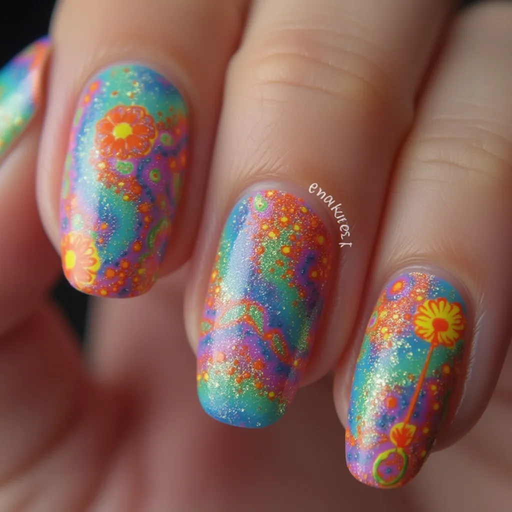 Detalle artístico de manicura vanguardista y colores vivos