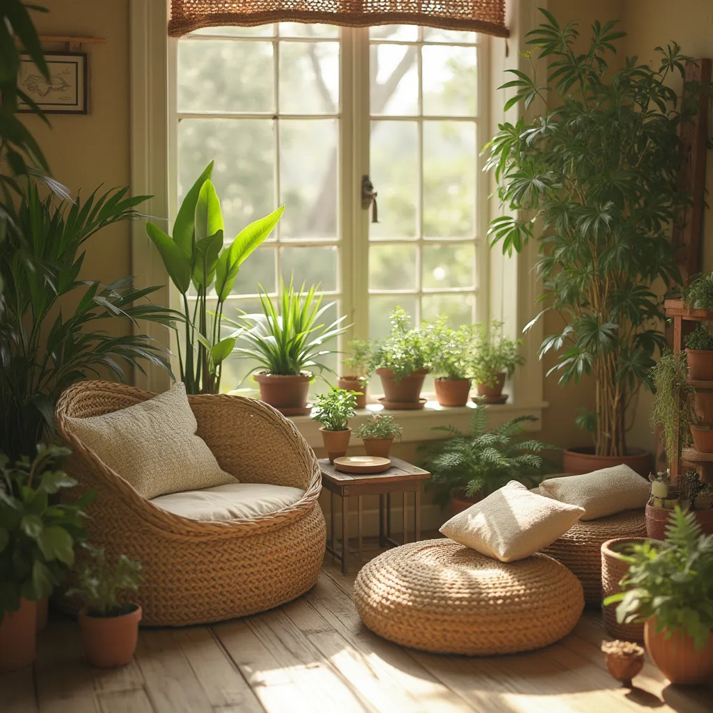 Ambiente cálido y acogedor con detalles artísticos y naturales
